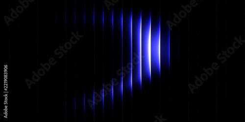 Abstract futuristic background featuring glowing blue vertical light bars forming a curved rhythmic pattern on a solid black backdrop, ideal for digital technology and sci-fi concepts.