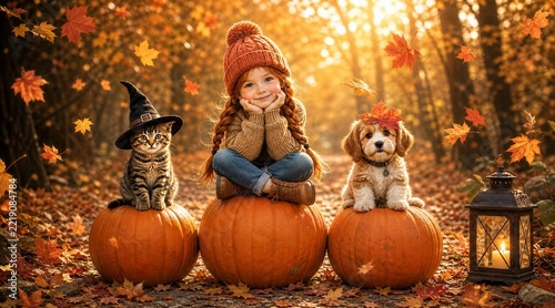 Herbstzeit - ein kleines Mädchen sitzt auf einem Kürbis, rechts und links neben ihr sitzen eine Katze und ein Hund ebenfalls auf einem Kürbis.