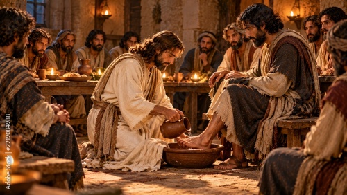 Jesus washing the feet of his disciples during the Last Supper, a humble act of service and teaching in a candlelit upper room as apostles gather around the table