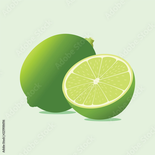 A fresh green lime with a sliced half displayed in front, featuring vibrant green colors and a clean minimalist illustration style on a soft pastel background.