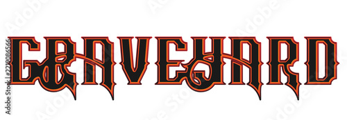 Spooky graveyard text lettering with gothic font and glowing red orange outline isolated on transparent background
