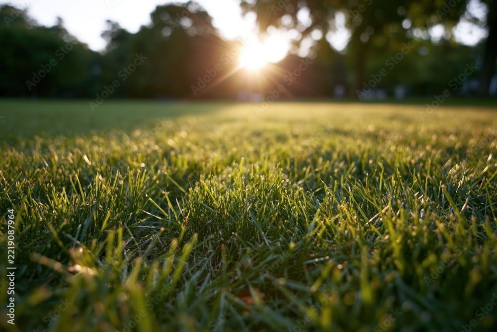 Fototapeta premium The Grass Field at Sunrise: Warm Light, Dewy Blades, and Tranquil Horizon