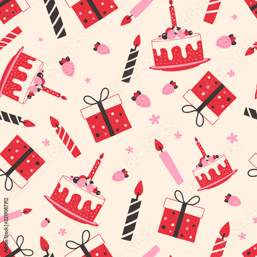 Seamless pattern with birthday cake, gifts, candles and strawberries for a cute festive celebration