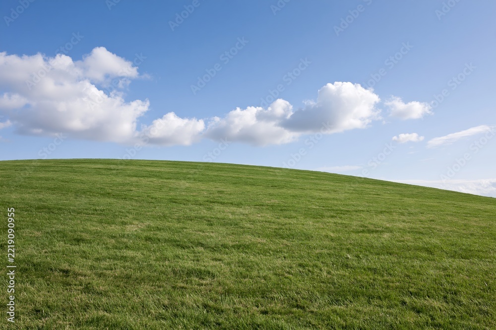 Fototapeta premium The Hill in a Vast Green Field Under a Blue Sky