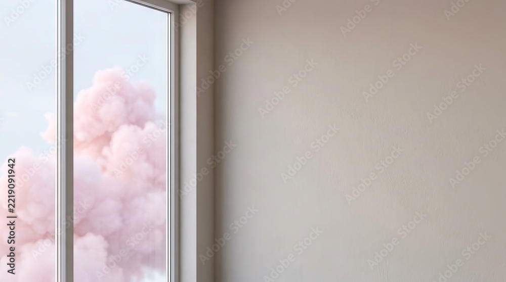 Fototapeta premium Pink clouds visible through a window next to a plain wall