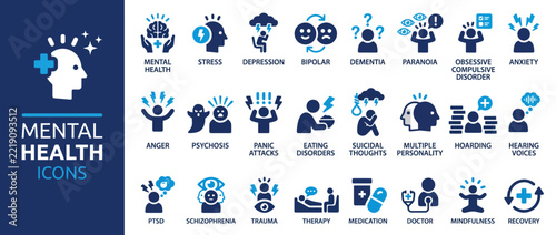 Mental health icons vector set, psychological disorder symbols, medical design