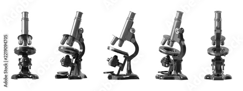 Set of five isolated 3d renders showing a classic laboratory microscope from multiple angles