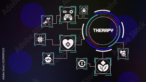 THERAPY medical wellness network concept showing rehabilitation, recovery, patient support, healing, mobility, physical care, clinical treatment and health improvement.