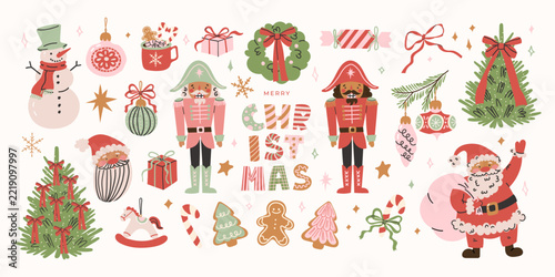 Christmas elements set with cute nutcrackers, Santa Claus, snowman, christmas tree, gingerbread cookies. Vector collection for holiday stickers, greeting cards and seasonal design