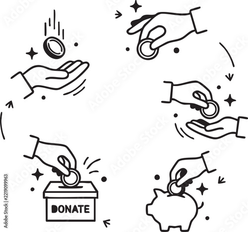 Hand drawn cartoon vector illustration of a hand holding a dollar sign icon, outline art sketch design for financial growth concept
