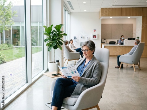 Senior woman reading a vaccination brochure in a modern clinic waiting room