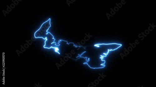 Prince edward island map outline with glowing neon blue light effect on black background, canada