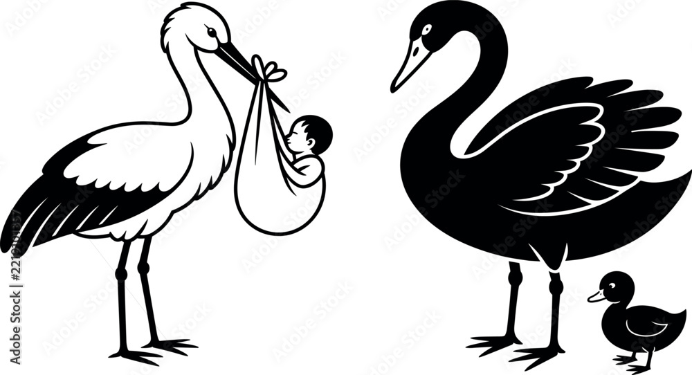 Fototapeta premium Stork delivering newborn baby in bundle and swan with cygnet duckling vector silhouette set black isolated
