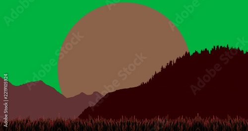 Digital animation of landscape with mountains, grass and sun in background