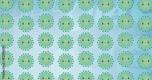 Digital animation of multiple green covid-19 cells in seamless motion against blue background
