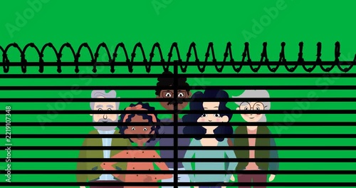 Barber wire over a fence against group of people icon against copy space on transparent background
