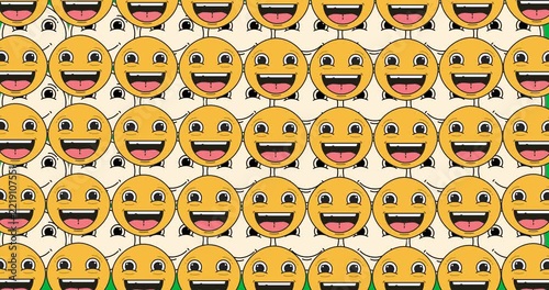 Digital animation of multiple smiley face emojis in seamless pattern against transparent background