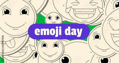 Emoji day text banner over multiple face emojis floating against transparent background