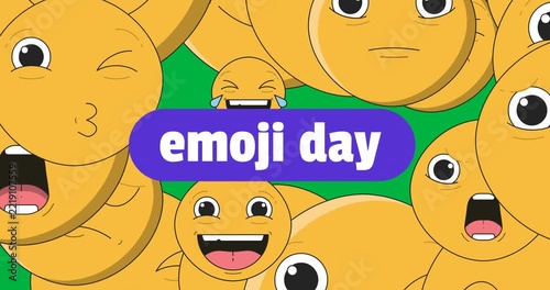 Emoji day text banner over multiple face emojis floating against transparent background