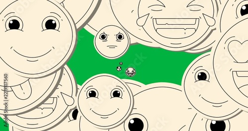 Digital animation of multiple face emojis floating against transparent background