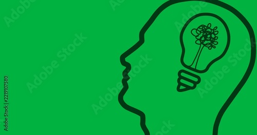 Animation of human profile model with bulb inside on transparent background