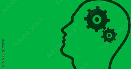 Animation of human profile model with cogs inside on transparent background