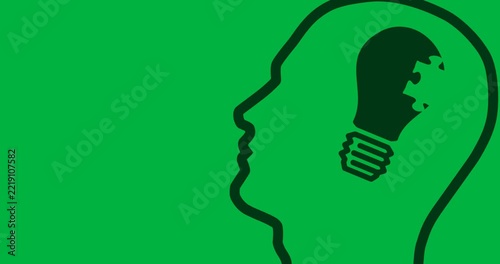 Animation of human profile model with bulb and puzzle inside on transparent background