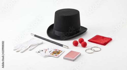 Obraz na plátně Professional magician accessories with top hat  wand and cards