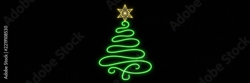 Bright neon green Christmas tree with yellow star on a black background