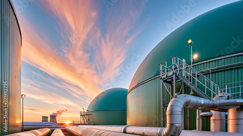 Wide ground level view of biogas facility with dome tank and pipe system beneath colorful sunset sky