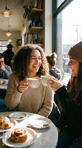 Friends chatting and drinking coffee at a coffee shop
