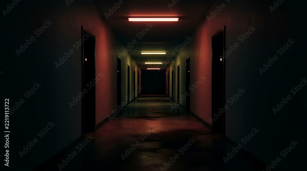 Fototapeta premium Dark, eerie hallway with rows of doors and glowing lights. This image evokes mystery and suspense for horror or.