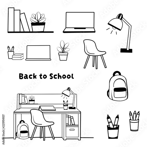 Back to school design with desk, books, plants, and stationery elements