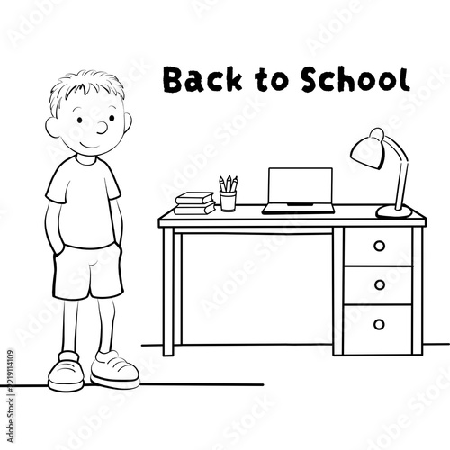 Boy stands beside desk ready for school with books and lamp in study area