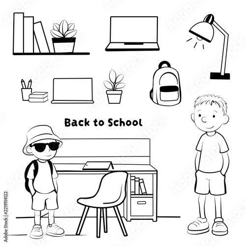 Back to school illustration with children and study items