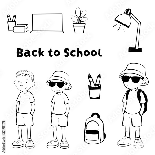 Back to school theme with children and school supplies in outline style