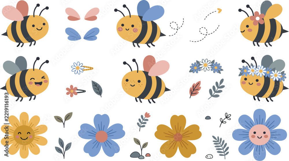 Obraz premium Cute Honey Bees and Smiling Floral Vector Set Featuring Kawaii Insects Flower Crowns Leaves and Spring Nature Accent Elements