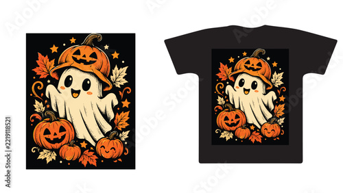 Cute Ghost Pumpkin Hat Halloween T-Shirt Design