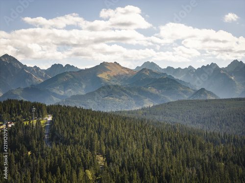 Aerial view of the Tatra Mountains with dense pine forests, a winding road, and dramatic mountain peaks under a blue sky, Bukowina Tatrzanska, Lesser Poland Voivode, Poland.