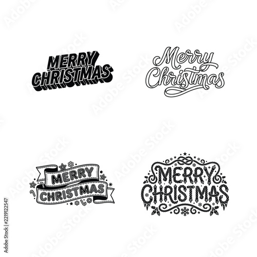Four distressed merry christmas typography designs isolated on white background