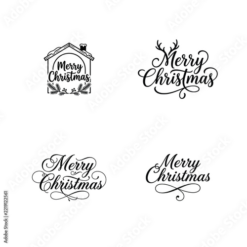 Vintage christmas calligraphy designs with reindeer and festive house illustrations