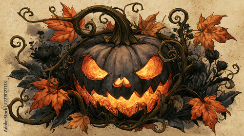 a Halloween pumpkin, intricately carved with glowing orange eyes and a heartshaped mouth. The pumpkin is set against a textured beige background.