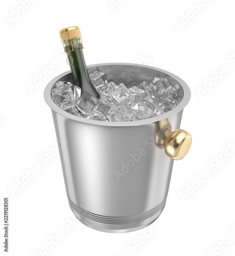 Silver ice bucket with ice cubes and sparkling wine on transparent background