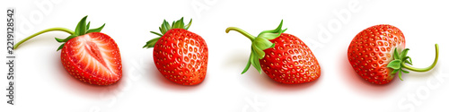 Beautiful whole and slice of strawberry isolated on a white background. Realistic style. Vector set with illustration of red berries.