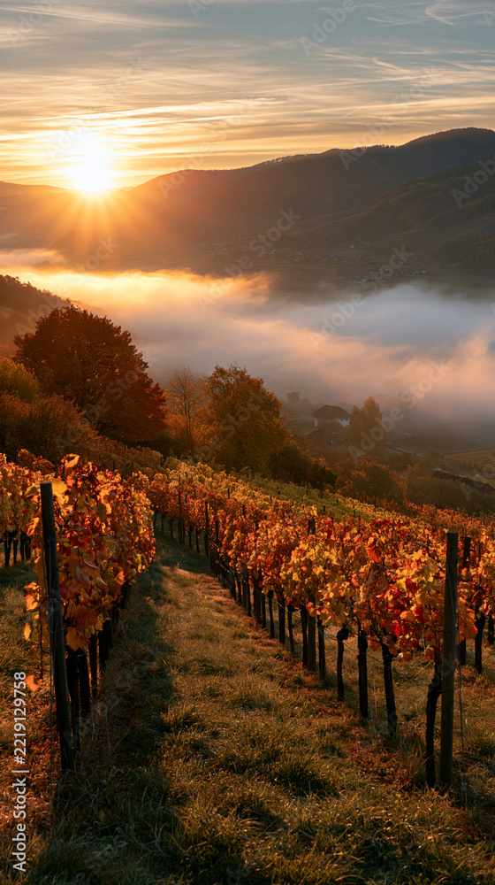 Fototapeta premium a serene vineyard during sunset. The sun casts a warm, golden light over the vineyard, illuminating the rows of grapevines with vibrant red and orange leaves.