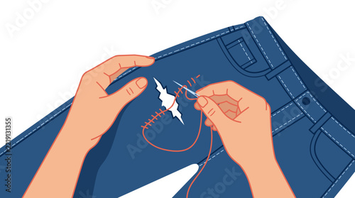 Hands mending denim jeans for sustainable living and green alternatives  