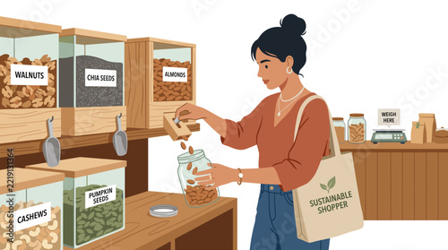 Woman shopping for nuts in jars at a sustainable grocery store  