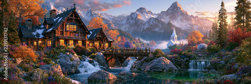 a rustic wooden cabin nestled amidst a lush forest during autumn. The cabin has multiple windows and a chimney, and is surrounded by cascading waterfalls.
