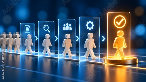 Figures Walking Through Digital Screening Portals To Become Approved Golden Candidate Representing HR Onboarding Pipeline