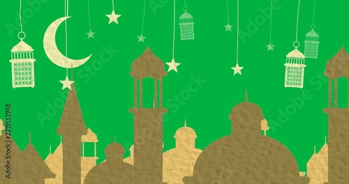 Animation of crescent moon, stars and laptions in yellow over mosque buildings on black background